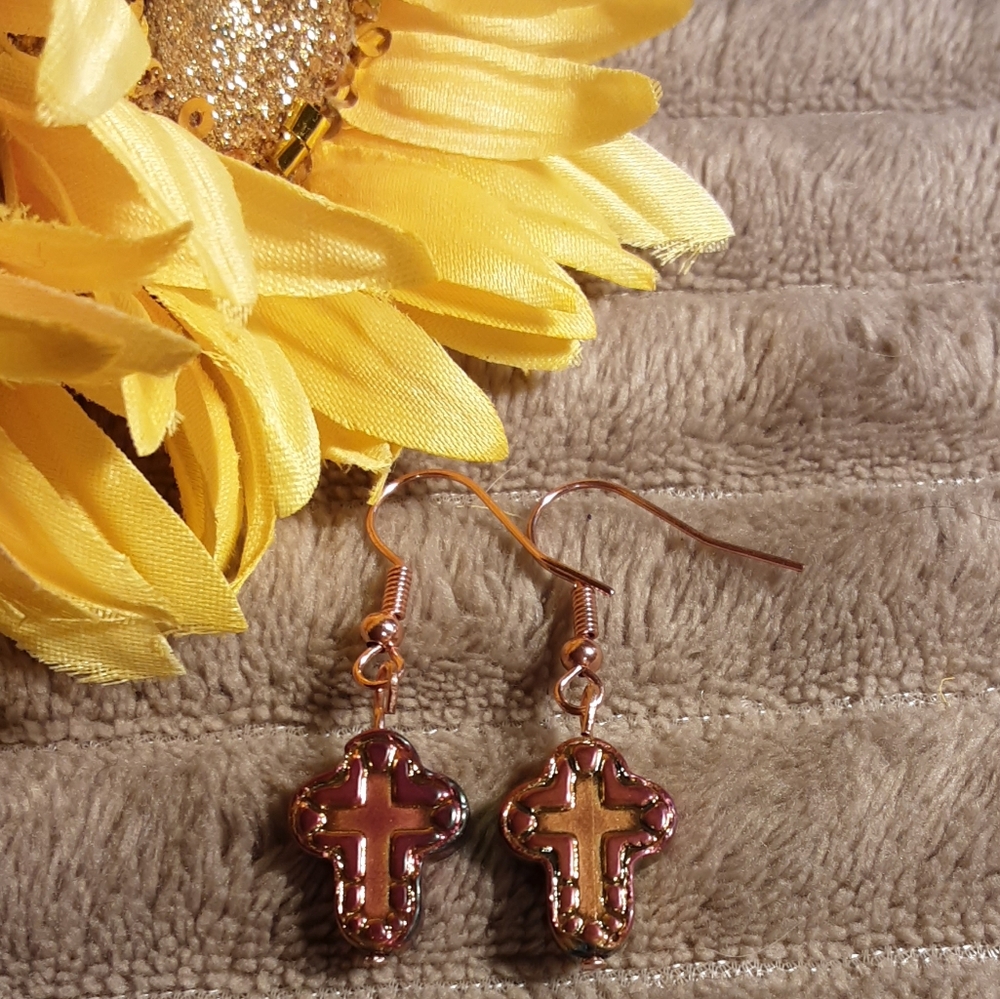Handmade Copper Colored  Glass Bead Cross Earrings